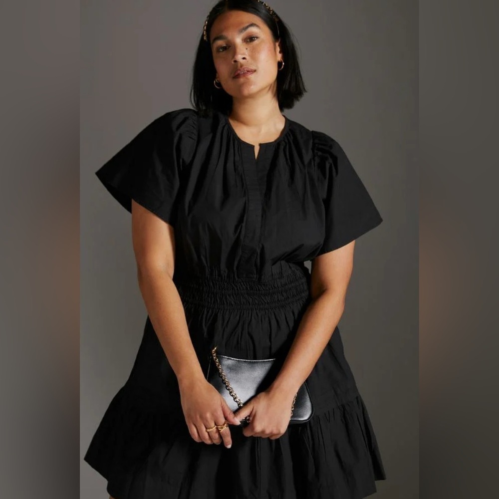 Anthropologie Black Smocked Waist Mini Dress